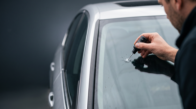 Applying KEETON GlassFix resin to a stone chip on a car windshield