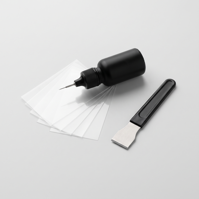 KEETON GlassFix windshield repair kit: resin applicator, curing films and razor blade