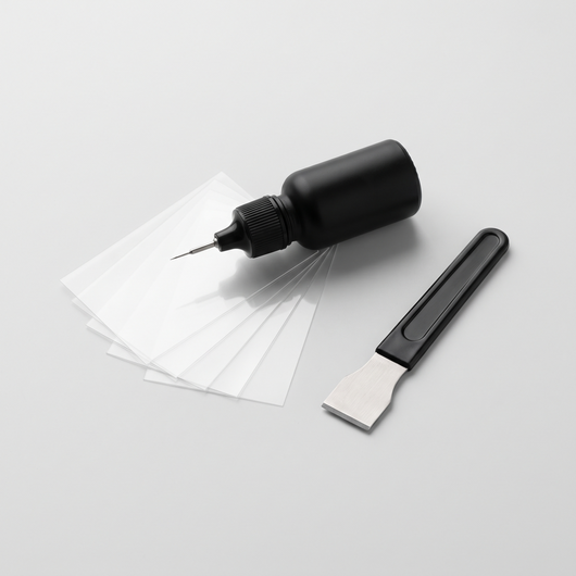 KEETON GlassFix windshield repair kit: resin applicator, curing films and razor blade